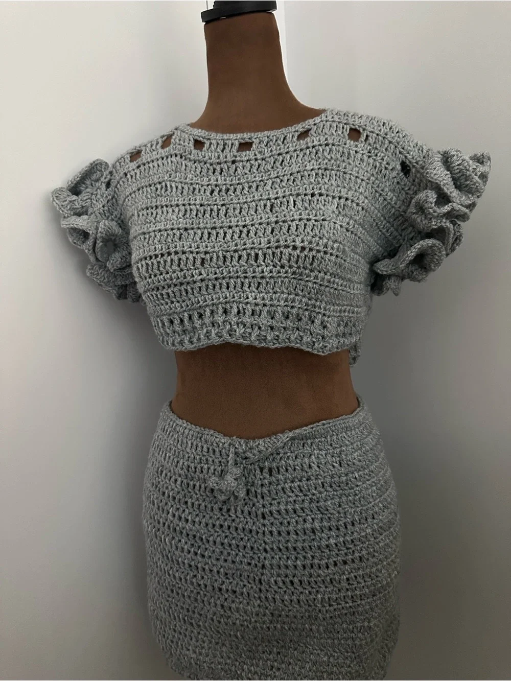 Handmade Crochet Two-Piece Set in Light Gray